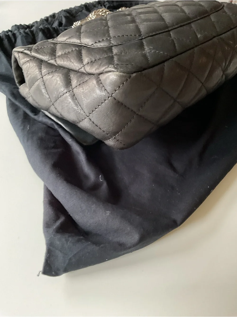 CHANEL Black Quilted Large Flap Shoulder Bag with Silver Chain